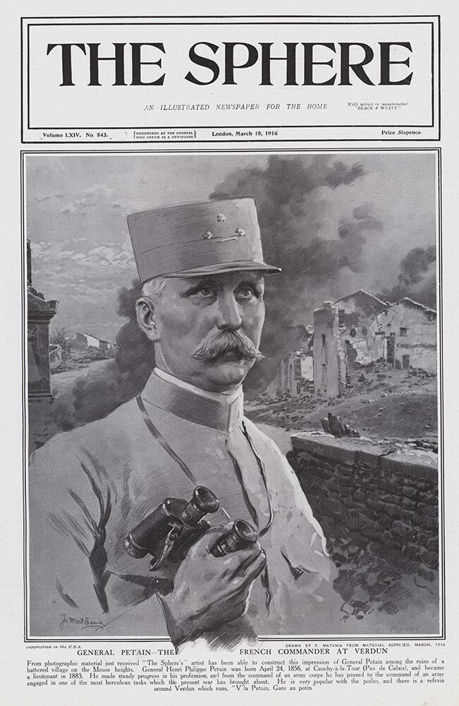General Petain the French Commander at Verdun (original cover page from The Sphere 1916) art by Fort
