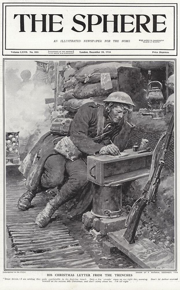 The Christmas Letter from the Trenches (original cover page from The Sphere 1916) art by Fortunino M