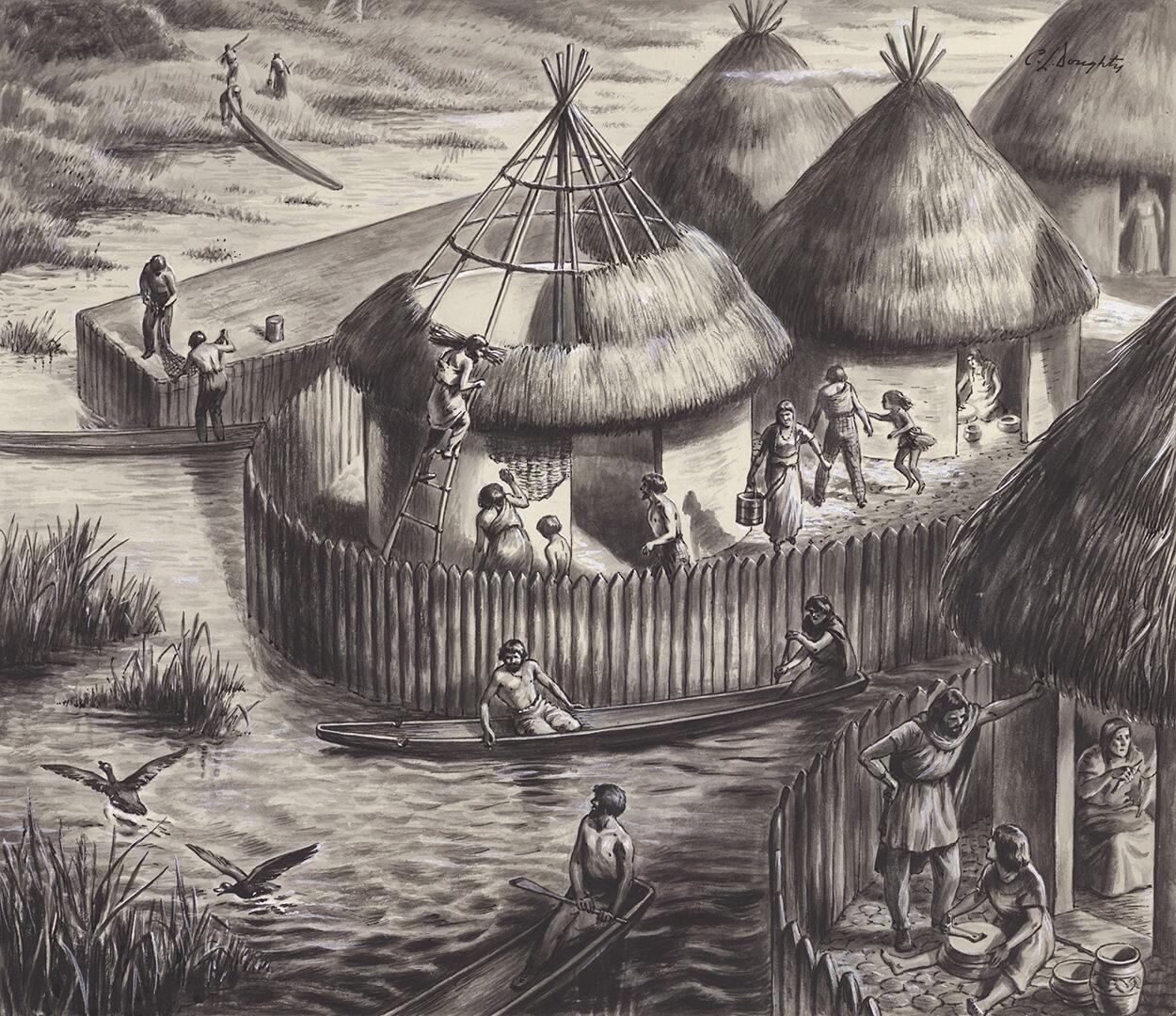 Early Settlement at Glastonbury art by Cecil Doughty
