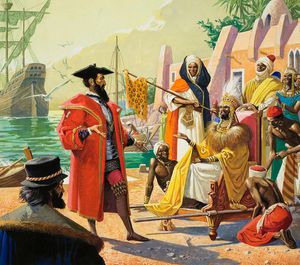 Vasco de Gama in Africa art by Severino Baraldi