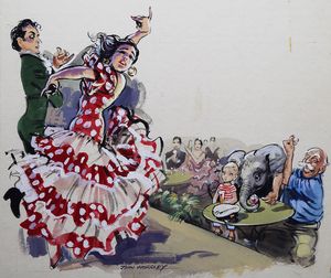 Flamenco and Cathedral and Birds in Barcelona art by John Worsley