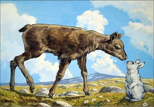 Gazelle Calf and Rabbit art by 20th Century unidentified artist
