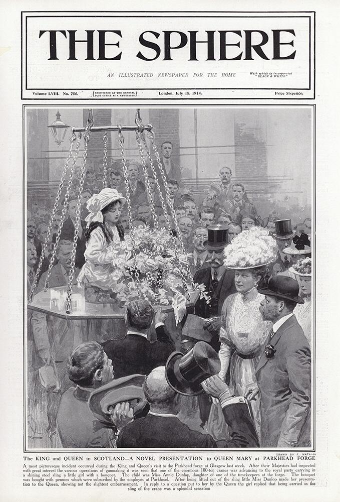 The King and Queen in Scotland (original cover page from The Sphere 1914) art by Fortunino Matania