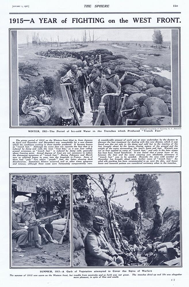 Cold Conditions in the Trenches (original page from The Sphere 1916) art by Fortunino Matania