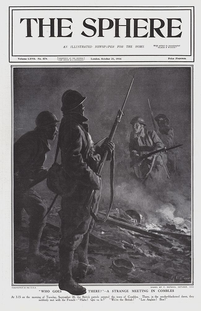 Who Goes There? At Combles (original cover page from The Sphere 1916) art by Fortunino Matania