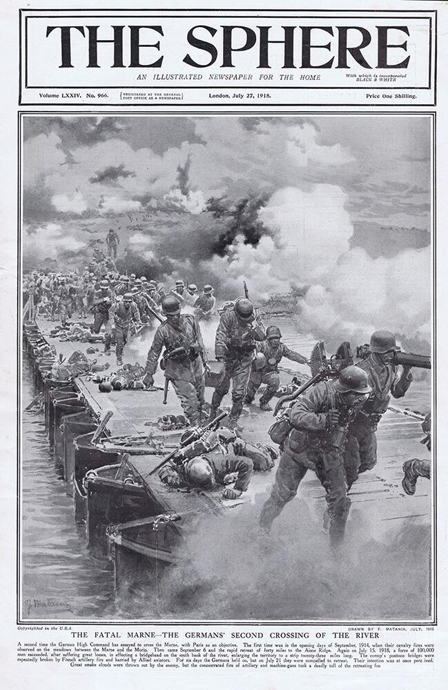 The Fatal Marne the Germans Second Crossing (original cover page from The Sphere 1918) art by Fortun