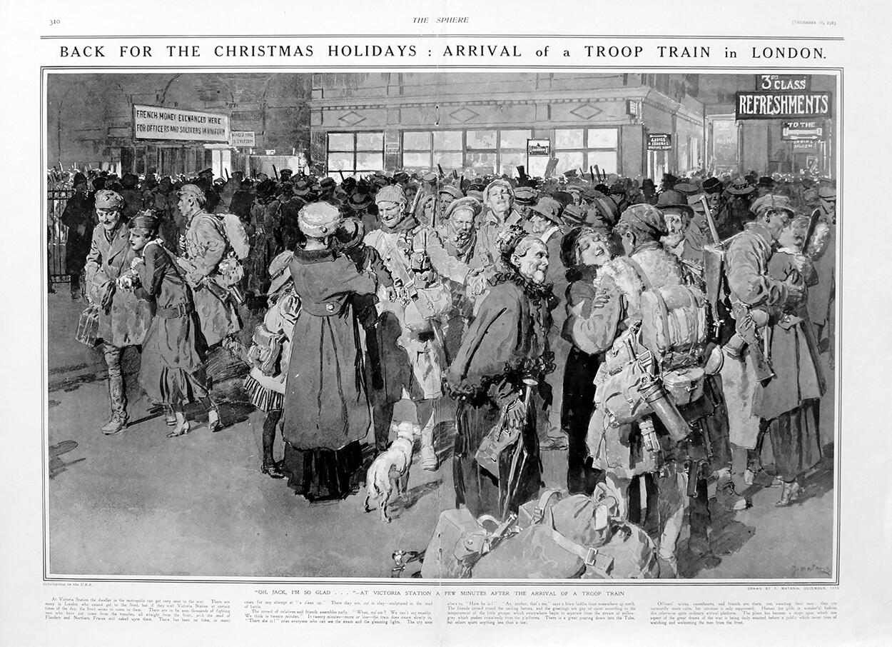Christmas Holidays (original page from The Sphere 1915) art by Fortunino Matania