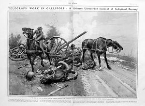 Telegraph Work in Gallipoli (original page from The Sphere 1916) art by Fortunino Matania