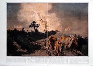 The Fall Of The German Airship (original page from The Sphere 1916) art by Fortunino Matania