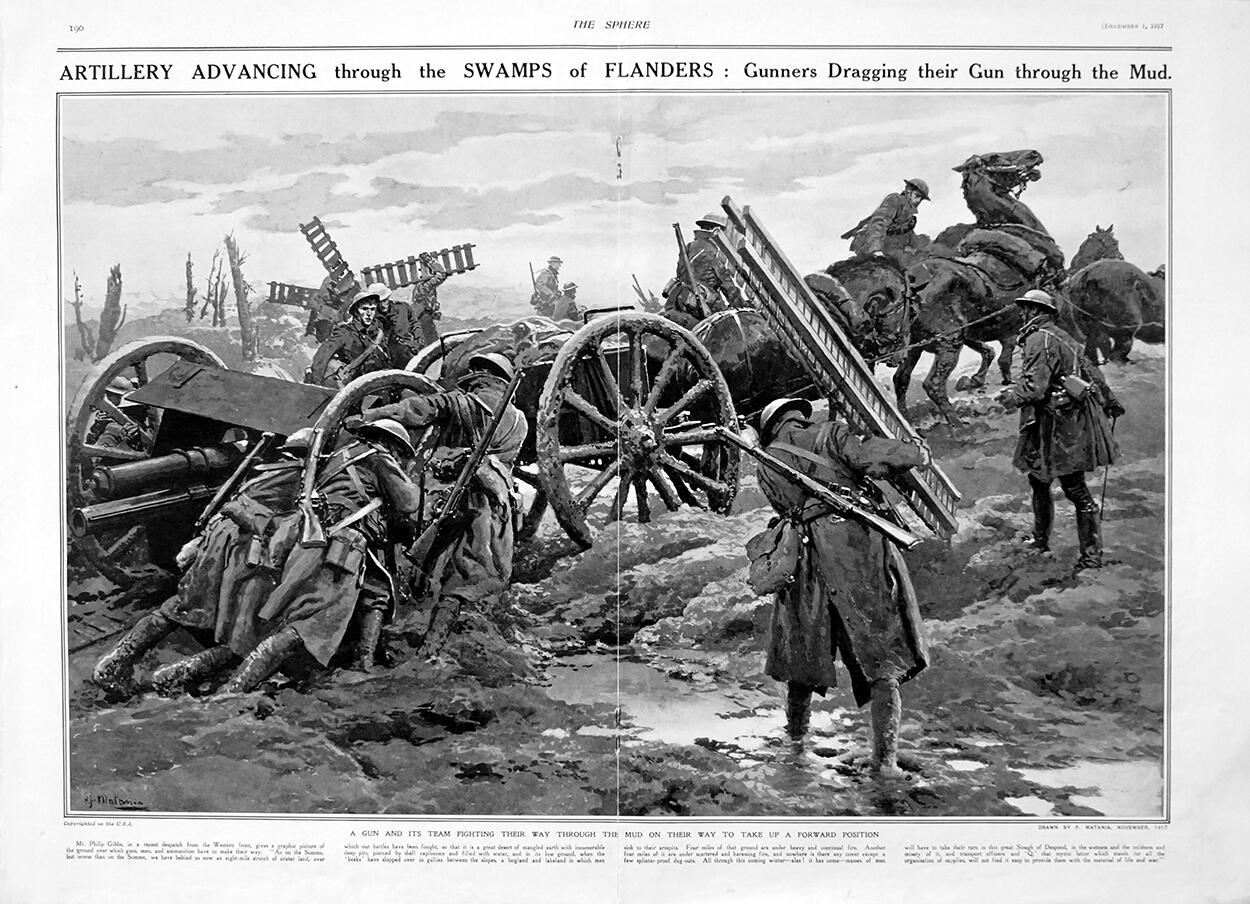 The Swamps Of Flanders (original page from The Sphere 1917) art by Fortunino Matania
