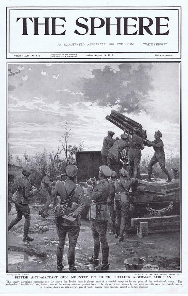 British Anti Aircraft Gun shelling a German plane (original cover page The Sphere 1915) art by Fortu
