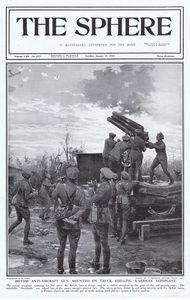 British Anti Aircraft Gun shelling a German plane (original cover page The Sphere 1915) art by Fortu