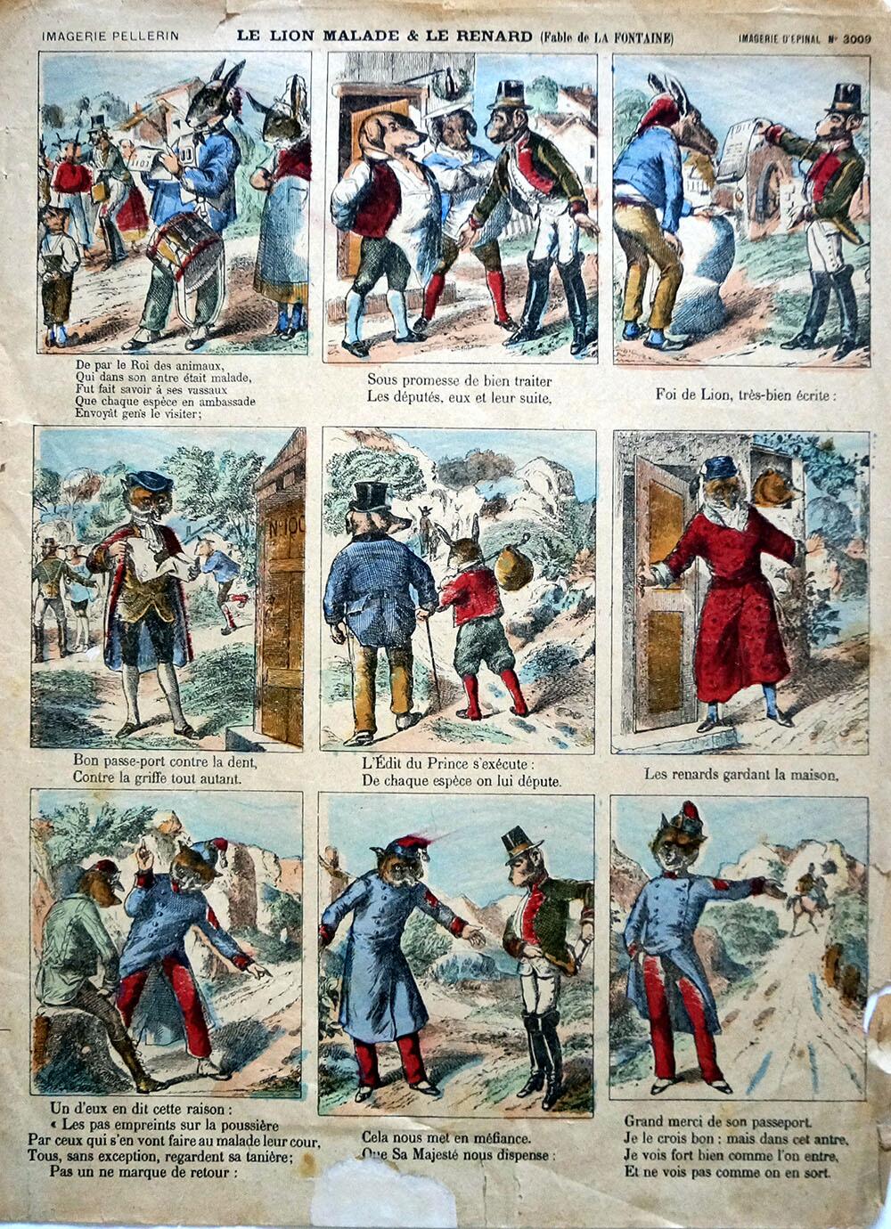 Imagerie d’Epinal Le Lion Malade & Le Renard ( Fable de la Fontaine) by unknown