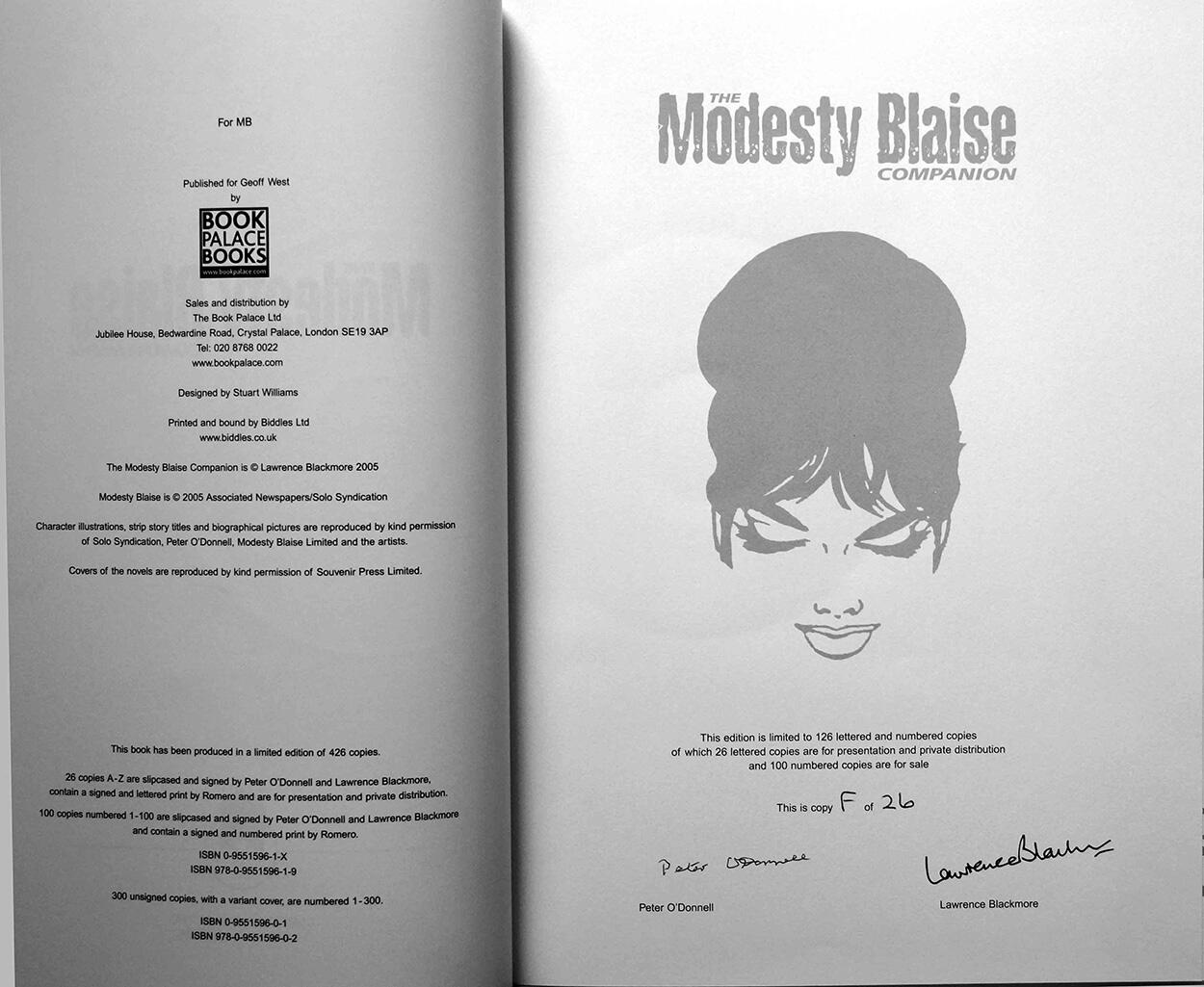 Lettered Signed Title Page, The Modesty Blaise Companion Super Deluxe GOLD edition (Contributors' Edition, Letter 'W' of 26)