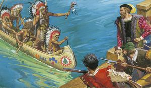 Jacques Cartier's second trip up the St Lawrence River art by Severino Baraldi