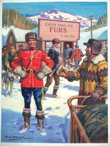 Trappers and RCMP at a Remote Trading Post art by Derek Eyles