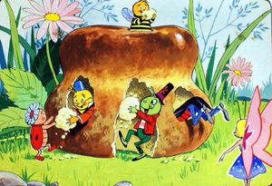 Gregory Grasshopper and his Pals make a House out of Cake art by Gordon Hutchings