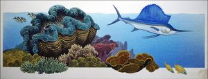 Giant Clam and Sailfish art by Bernard Long
