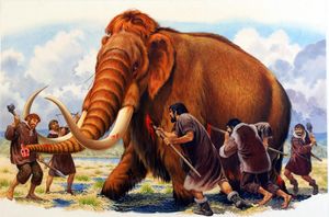 Early Hunters Attacking a Woolly Mammoth art by Bernard Long