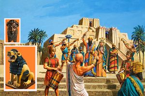 Babylonian temple raised to the glory of Sargon art by Roger Payne