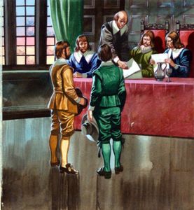 The Pilgrim Fathers Seek Permission to settle in Virginia art by Ron Embleton
