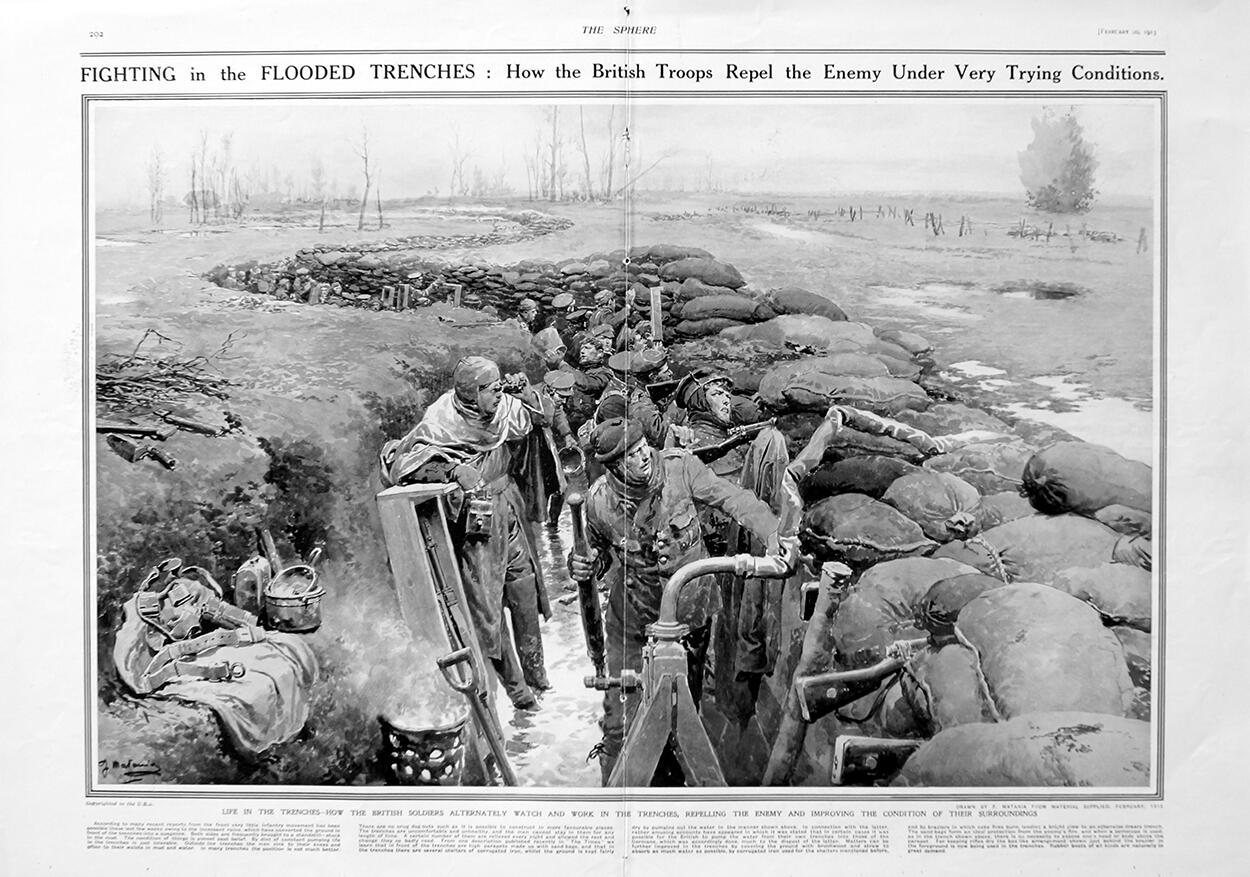 Fighting In The Flooded Trenches (original page from The Sphere 1915) art by Fortunino Matania