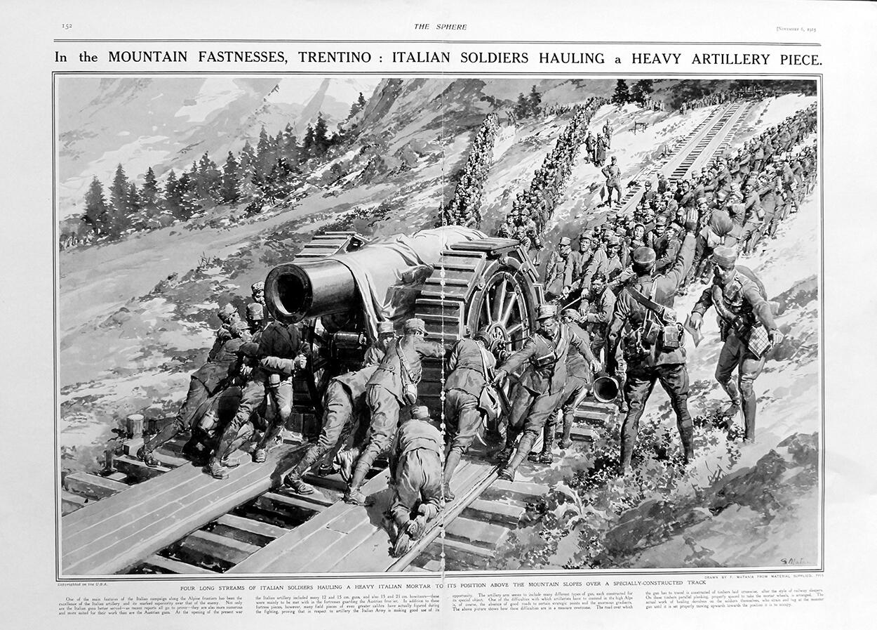 Mountain Fastnesses, Trentino (original page from The Sphere 1915) art by Fortunino Matania