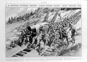 Mountain Fastnesses, Trentino (original page from The Sphere 1915) art by Fortunino Matania