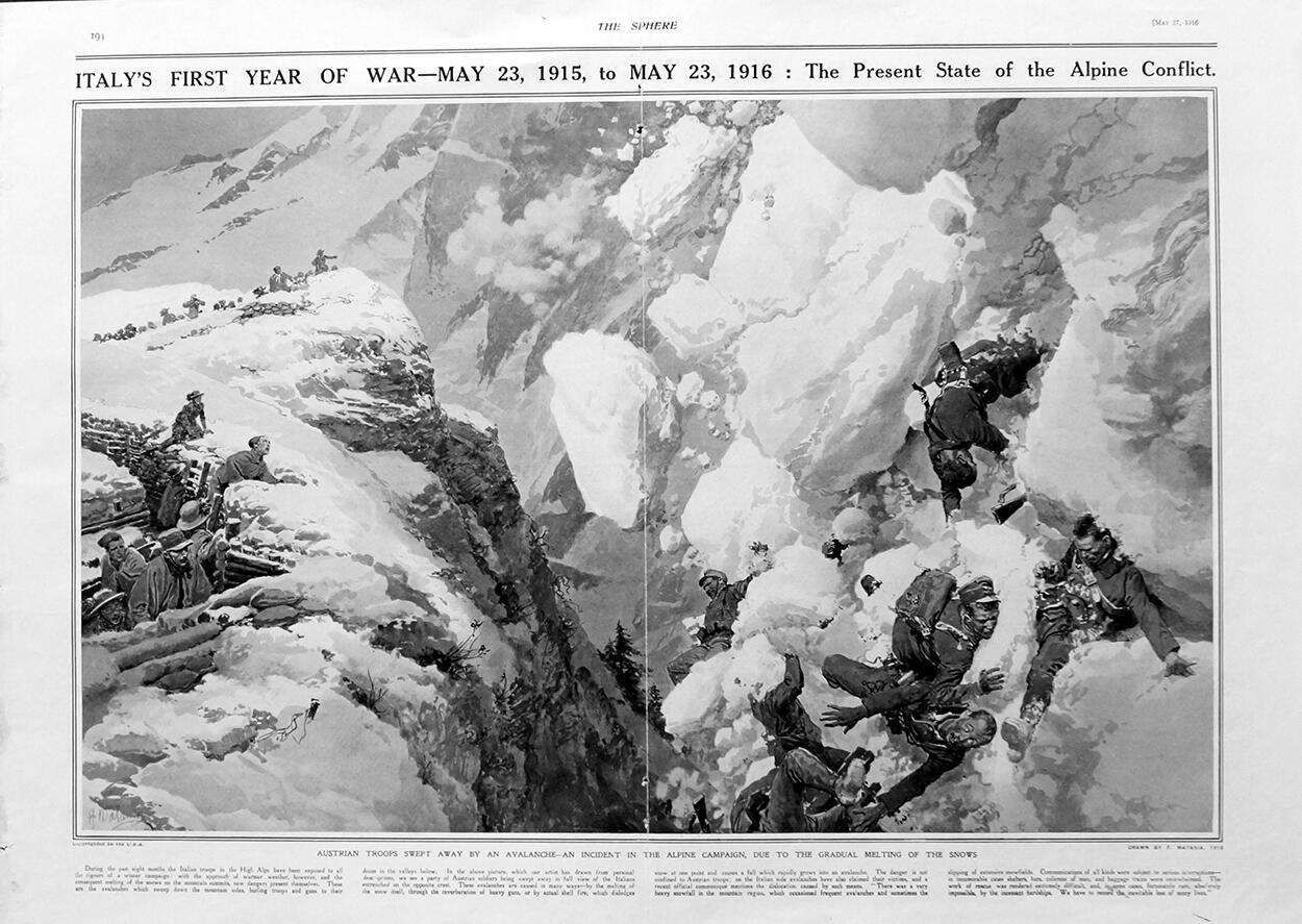 Italy's First Year Of The War (original page from The Sphere 1916) art by Fortunino Matania