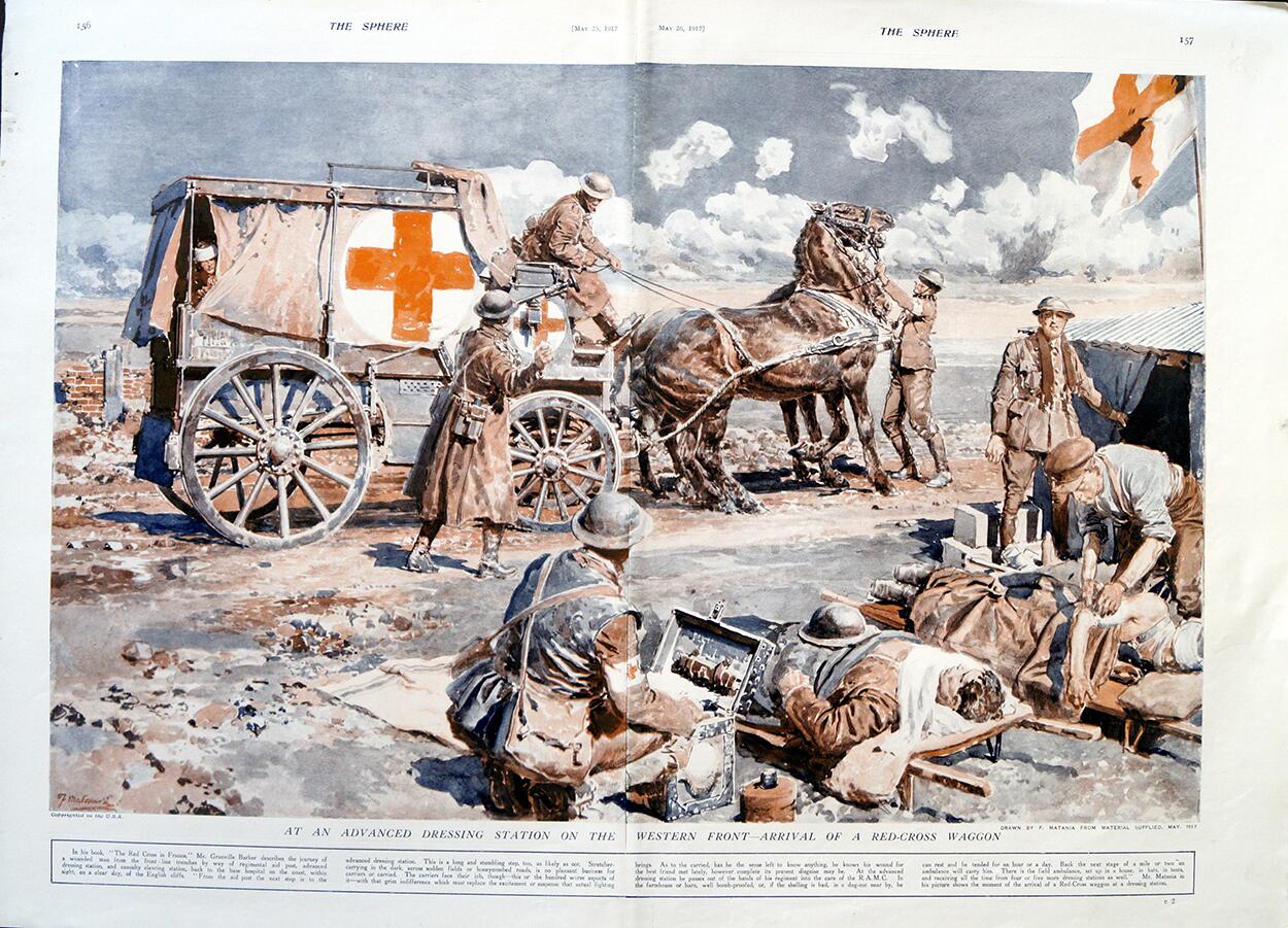 A Red-Cross Wagon (original page from The Sphere 1917) art by Fortunino Matania