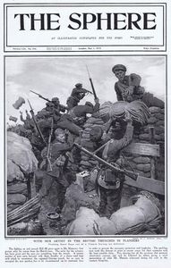 Pitching Sand Bags from the trenches in 1915 (original cover page The Sphere) art by Fortunino Matan