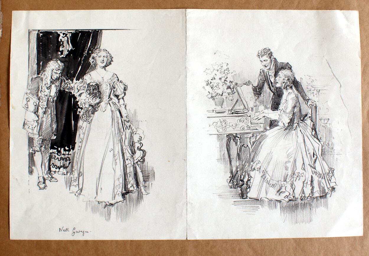 Nell Gwyn - two drawings art by Fortunino Matania