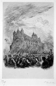 The 254th Territorial Regiment marching through Compeigne 1914 art by Albert Robida