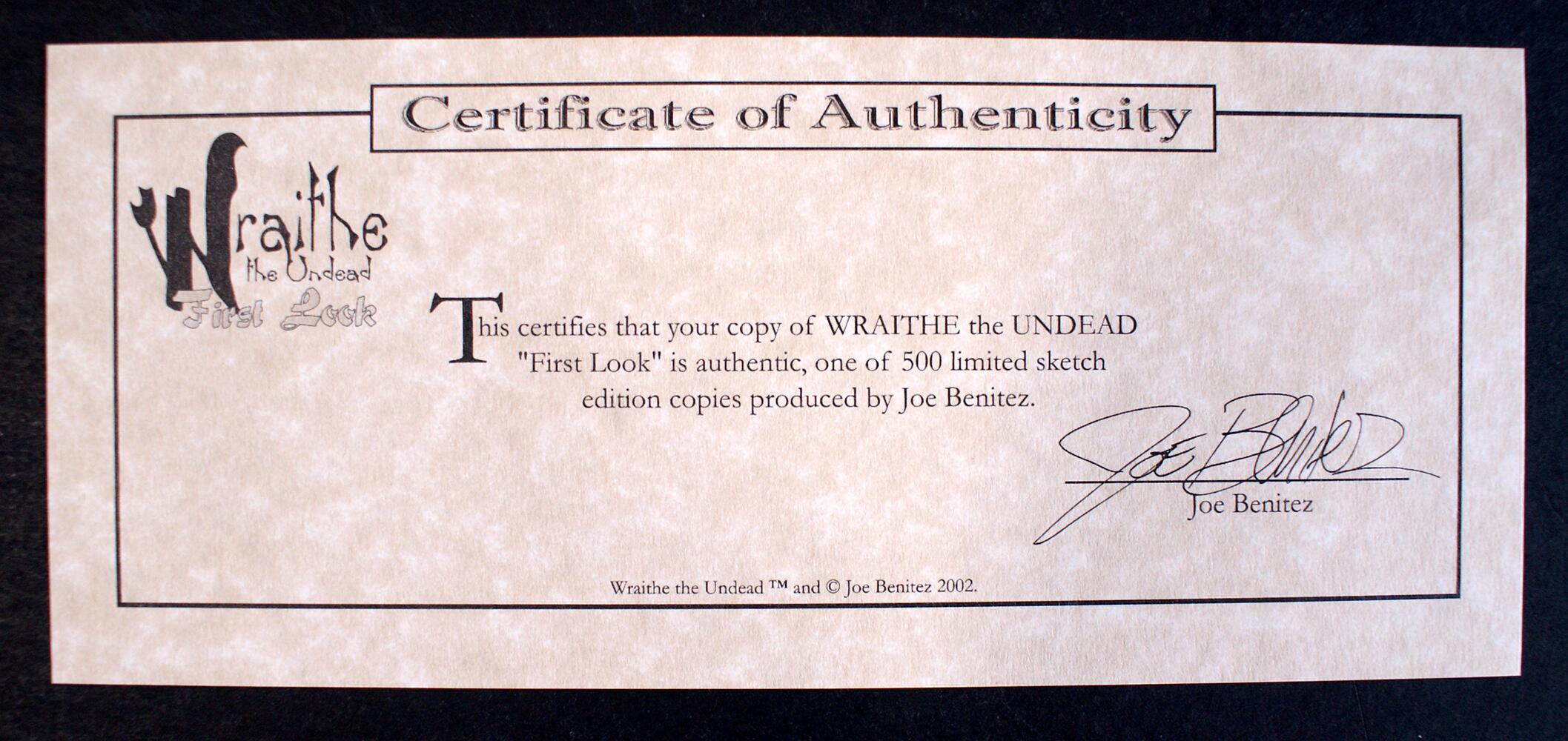 Certificate, Joe Benitez: Wraithe The Undead: First Look Sketch Edition