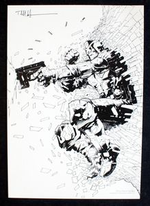 Judge Dredd B&W Action art by Trevor Hairsine
