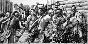 The Missionaries Fate - Iroquois Attack art by Neville Dear