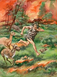 Stone Age Man Fleeing Fire art by Ron Embleton