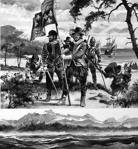 Settlers Arrive in Newfoundland art by Andrew Howat