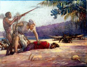Robinson Crusoe Frees the Sailor art by John Millar Watt