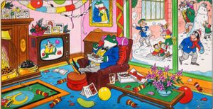 Mr Toad watching colour television art by Peter Woolcock