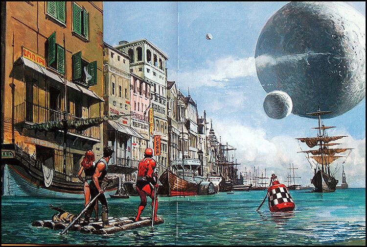 Double-page illustration from book, Pandarve: The Worlds of Don Lawrence