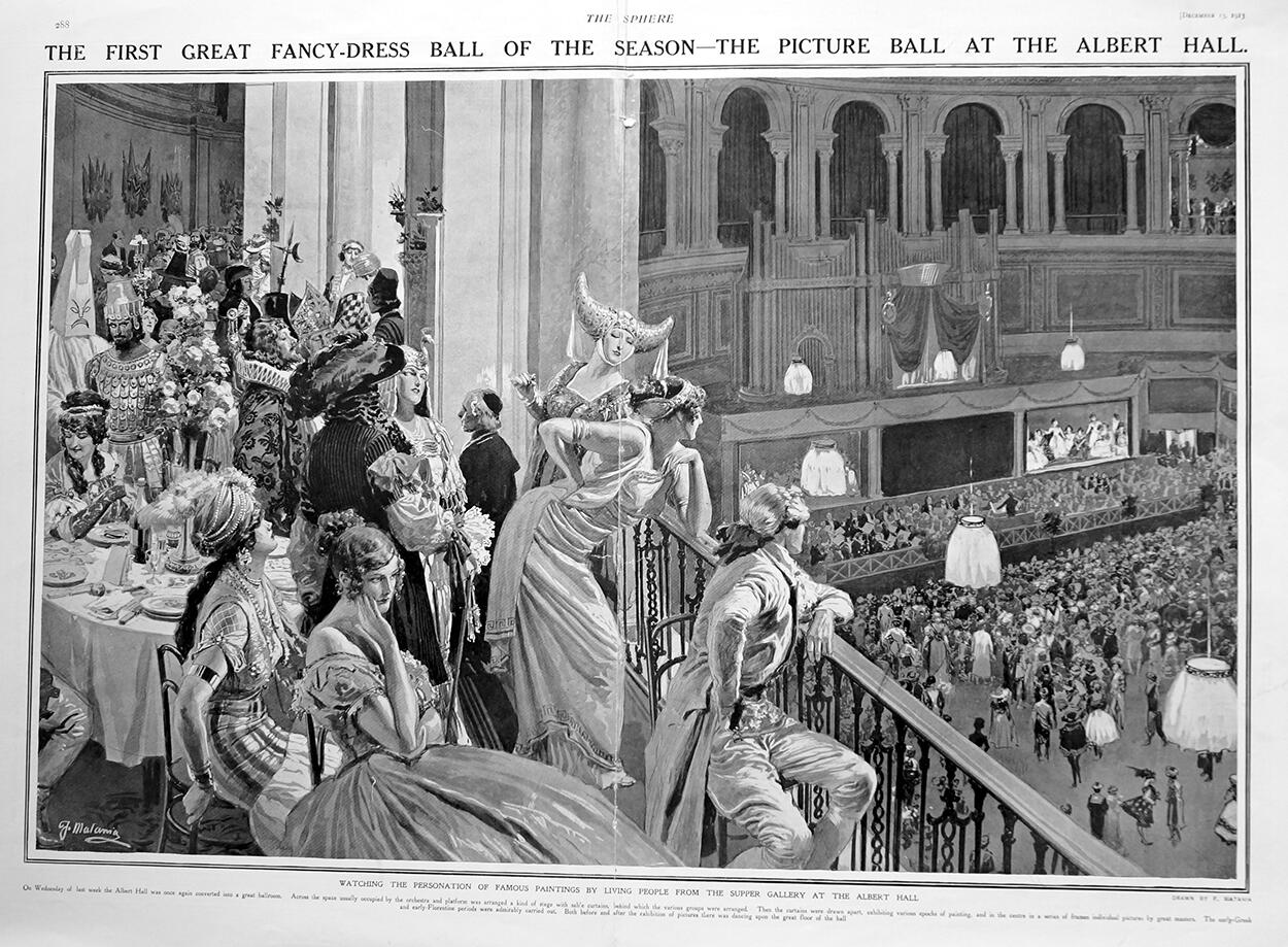 Fancy-Dress Ball At The Royal Albert Hall (original page from The Sphere 1913) art by Fortunino Mata