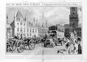 The Grand Place, Bruges (original page from The Sphere 1914) art by Fortunino Matania