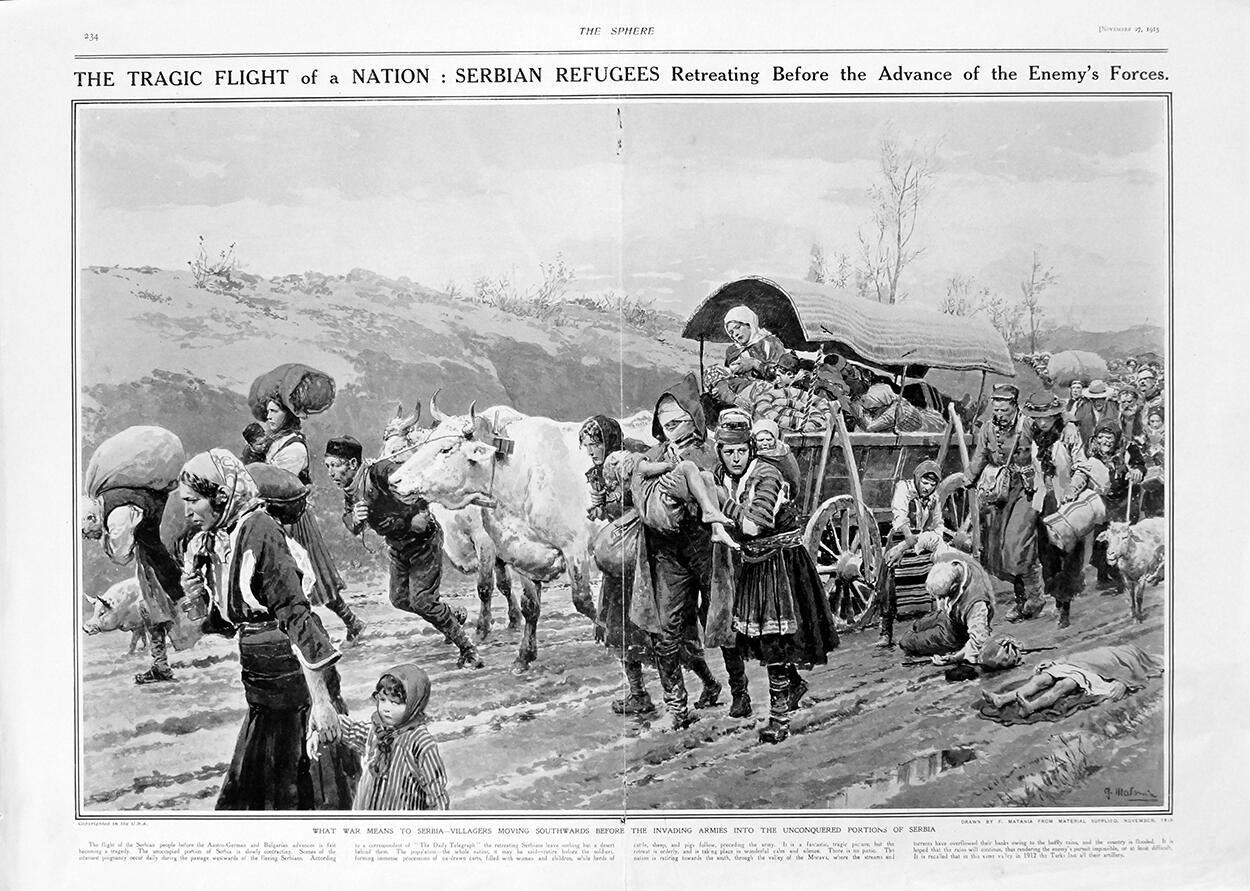 Serbian Refugees (original page from The Sphere 1915) art by Fortunino Matania