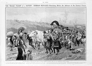Serbian Refugees (original page from The Sphere 1915) art by Fortunino Matania