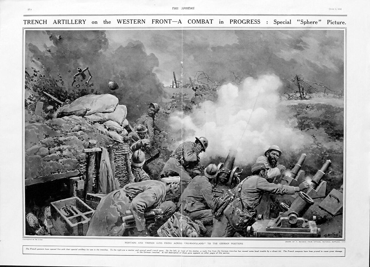Trench Artillery (original page from The Sphere 1916) art by Fortunino Matania