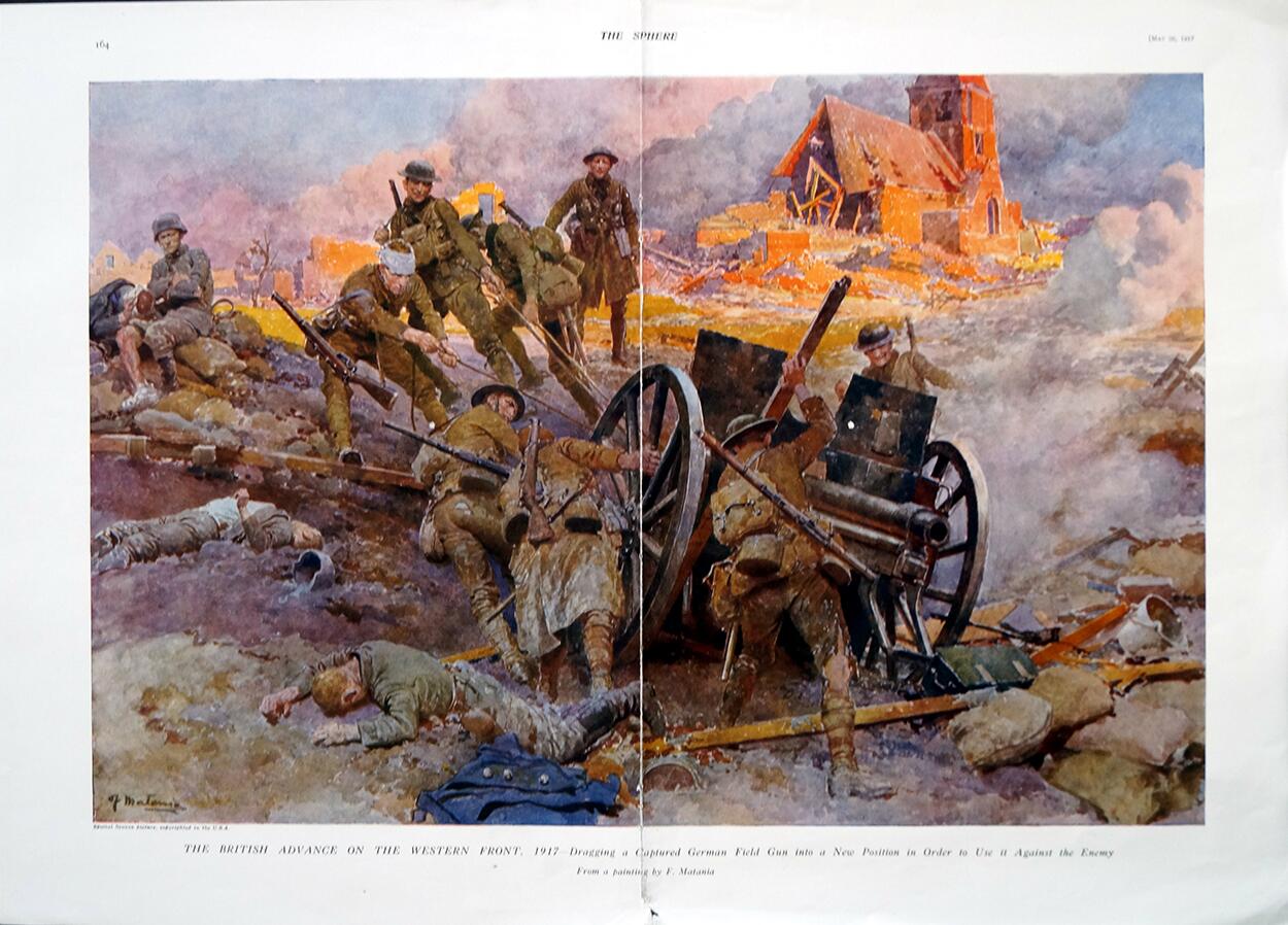 The British Advance (original page from The Sphere 1917) art by Fortunino Matania