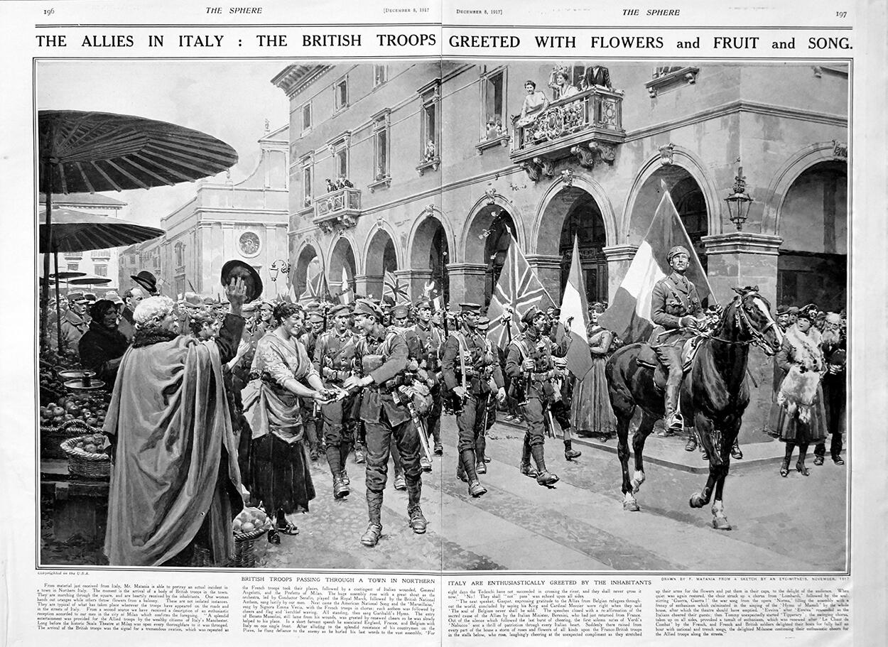 The Allies In Italy (original page from The Sphere 1917) art by Fortunino Matania