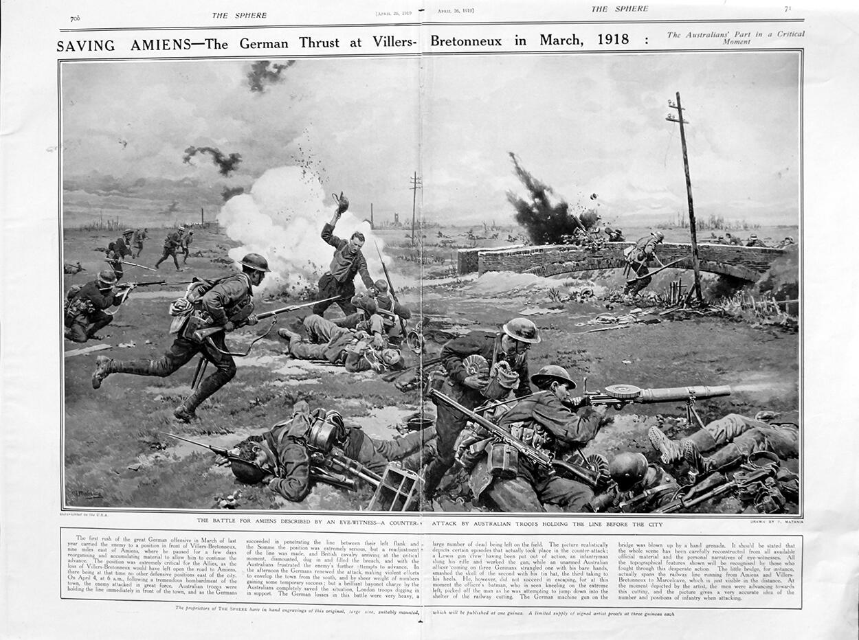 Saving Amiens (original page from The Sphere 1919) art by Fortunino Matania
