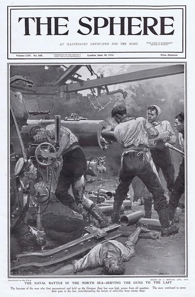 Naval Battle North Sea (original cover page from The Sphere 1916) art by Fortunino Matania